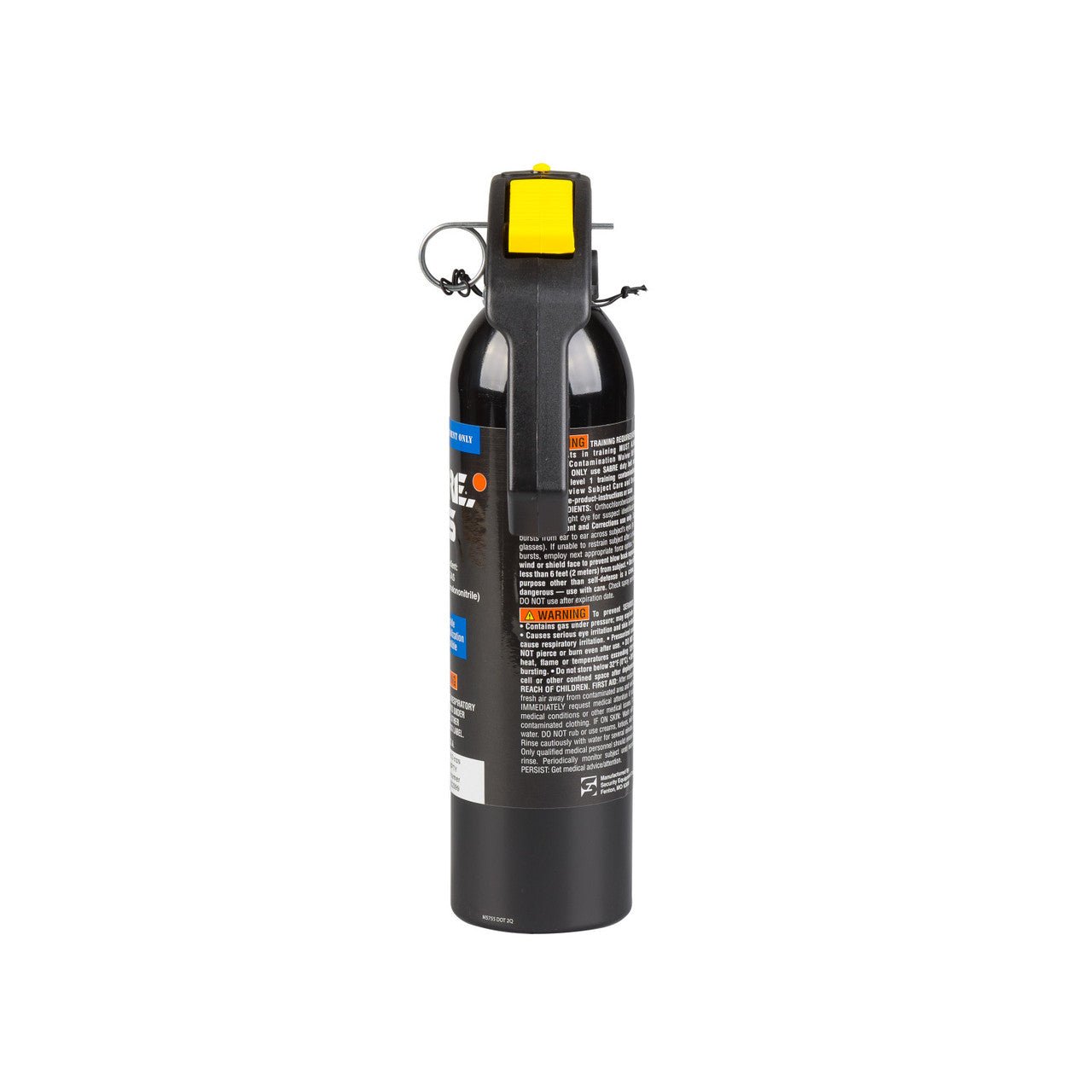 Black fire extinguisher with a yellow label on a white background