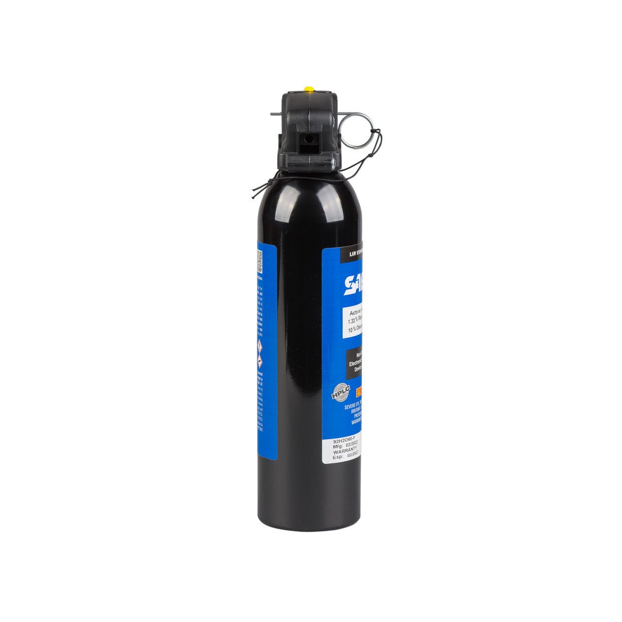 Black pepper spray canister with blue label on a white background