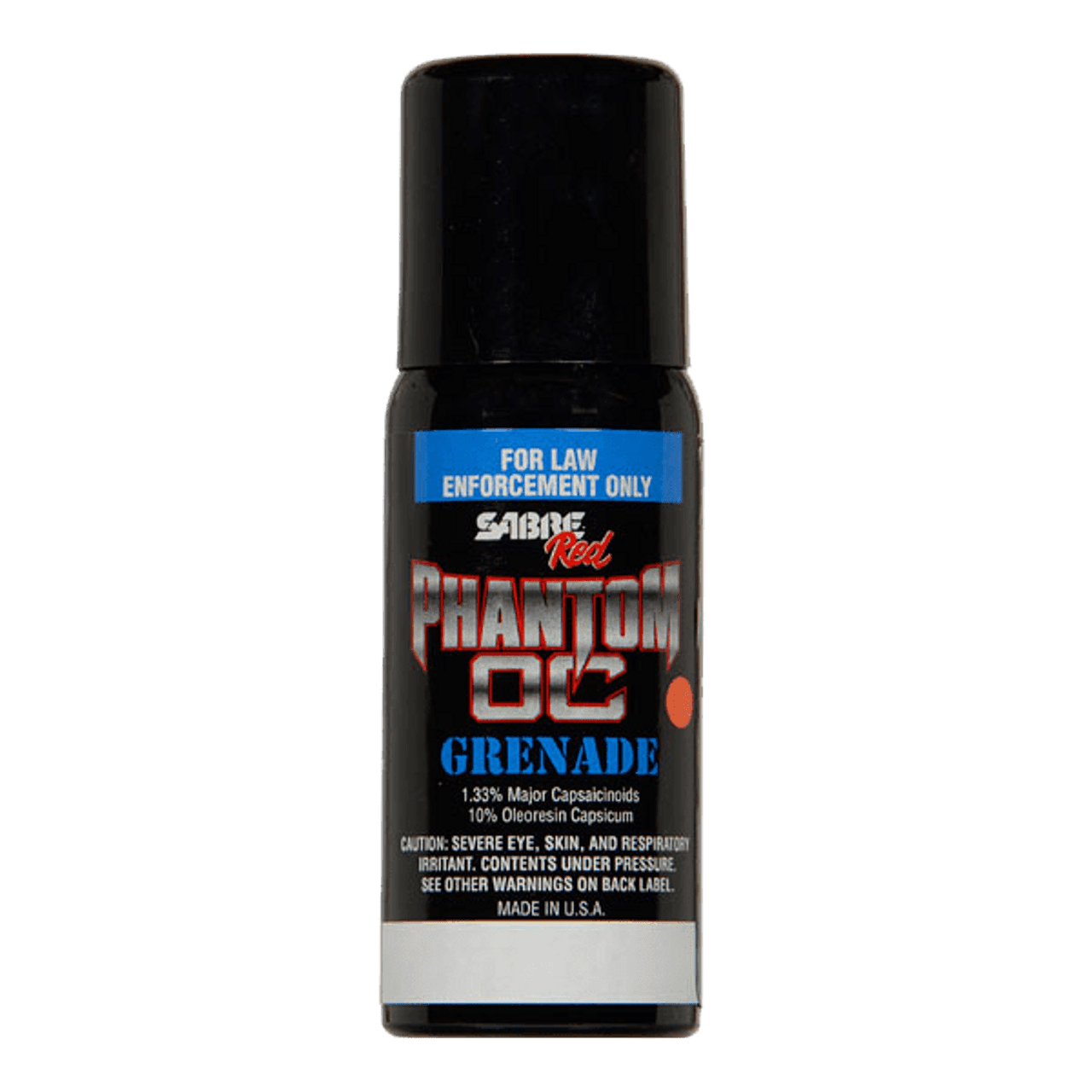 SABRE Red Phantom OC Aerosol Grenade MK-5 AG-PTM-40 canister label showing 1.33 percent Major Capsaicinoids and 10 percent Oleoresin Capsicum formulation
