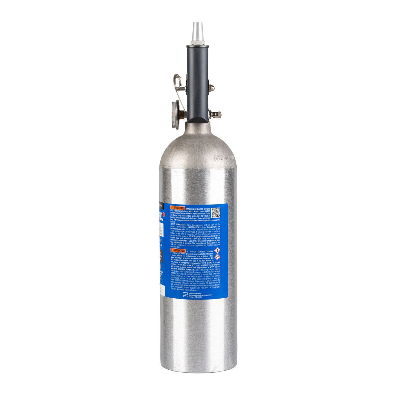 Silver OC tank with a blue label on a white background
