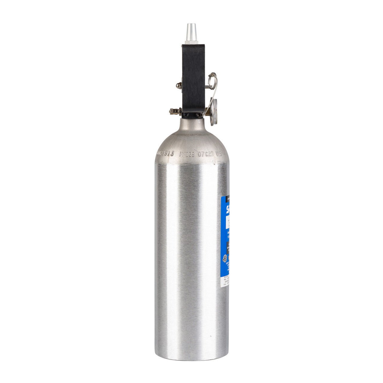 Silver MC tank with a black valve on a white background