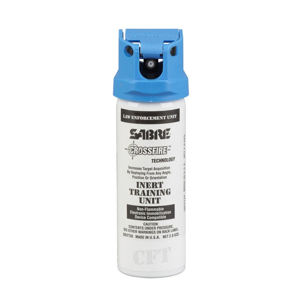 SABRE Inert Training Unit spray can with blue nozzle on a white background