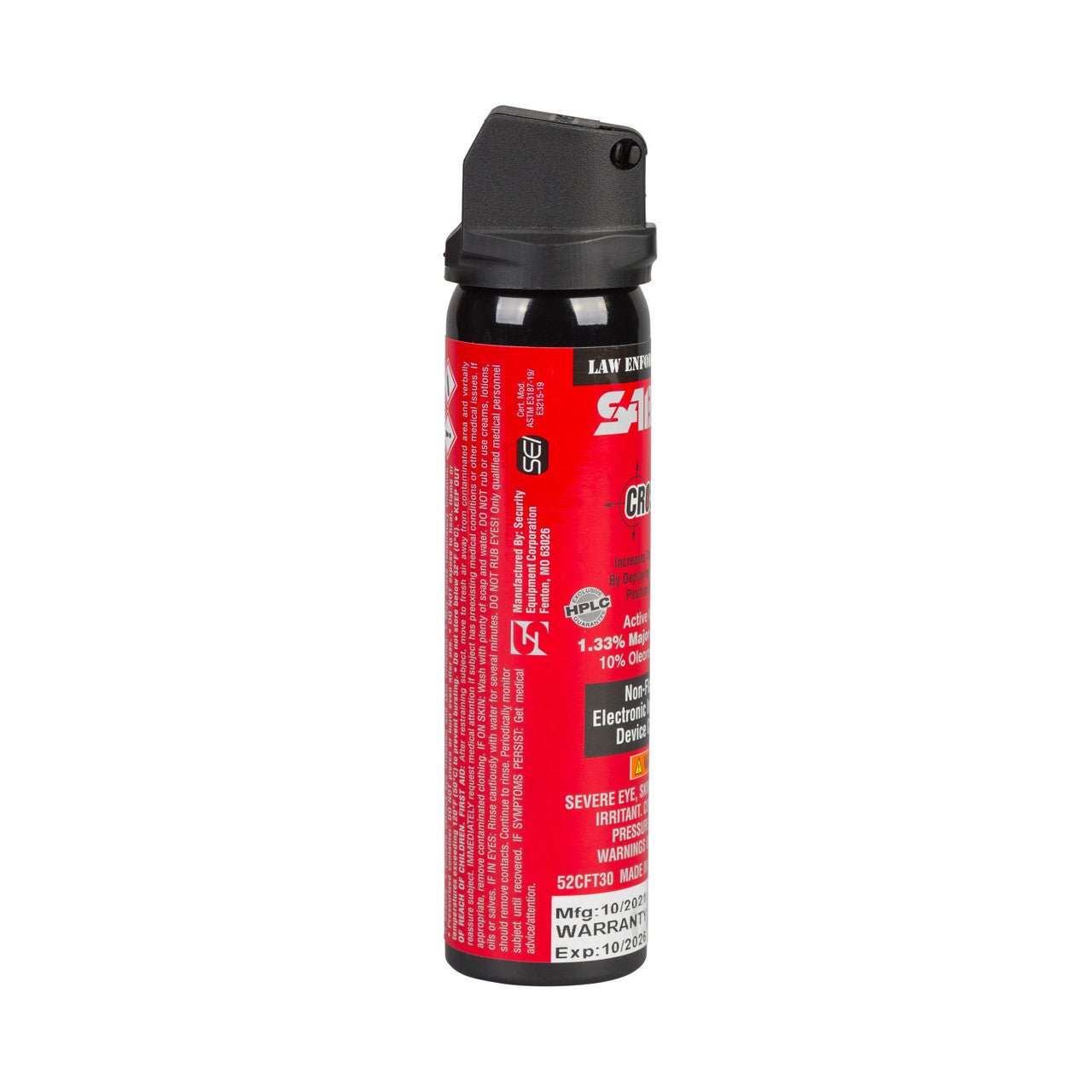 Red pepper spray canister with black cap on a white background