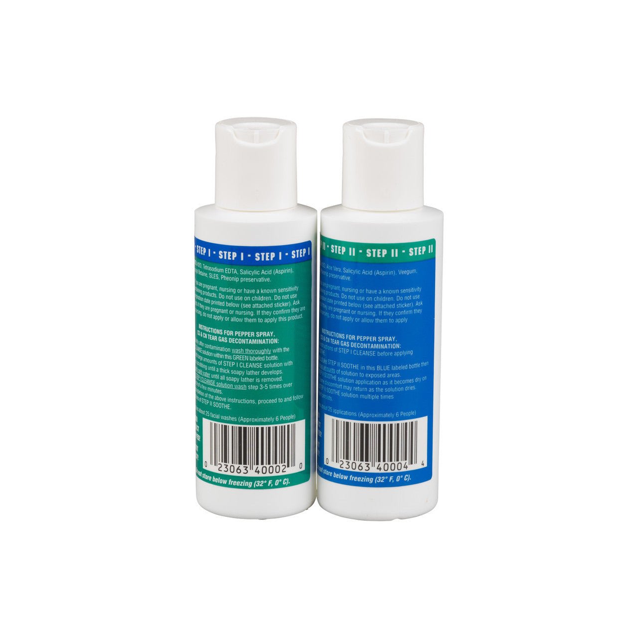 Two bottles with blue labels and white caps on a white background