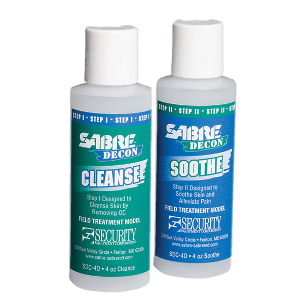 Two bottles of Sabre Decon Cleanse and Soothe on a white background