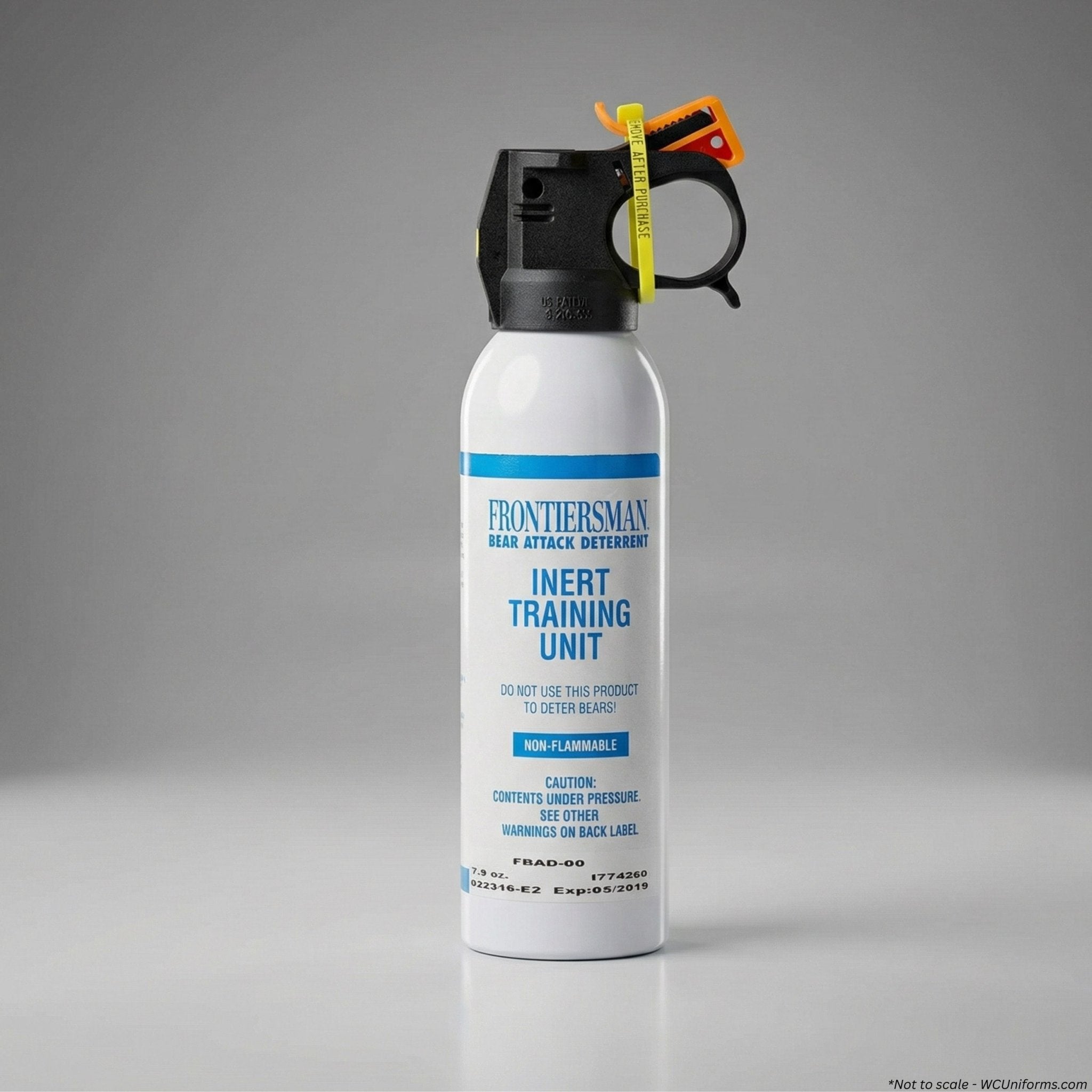 SABRE Frontiersman 7.9 oz inert practice bear spray canister FBAD-00, front view of training unit