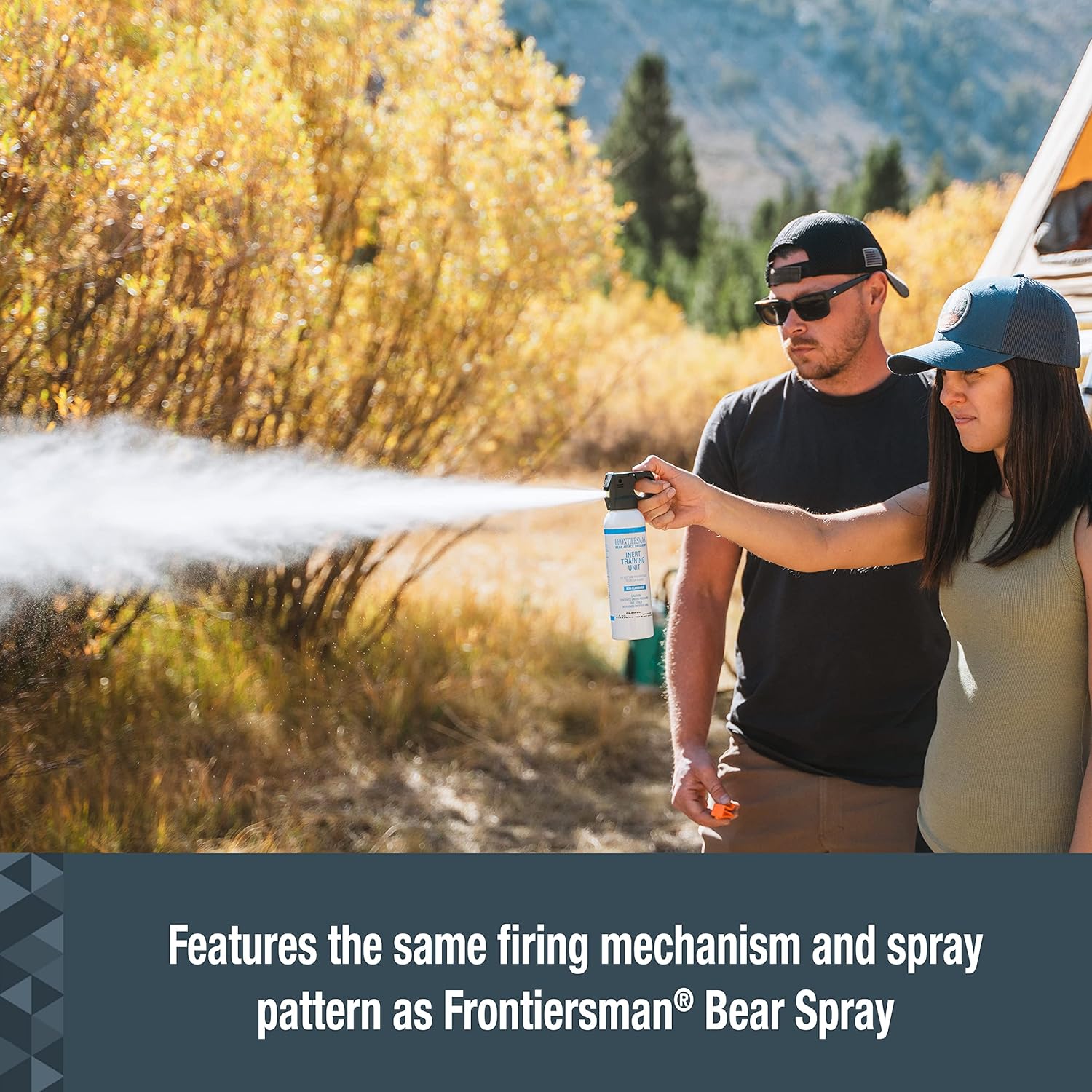 SABRE Frontiersman inert practice bear spray FBAD-00, top of canister showing safety clip and trigger