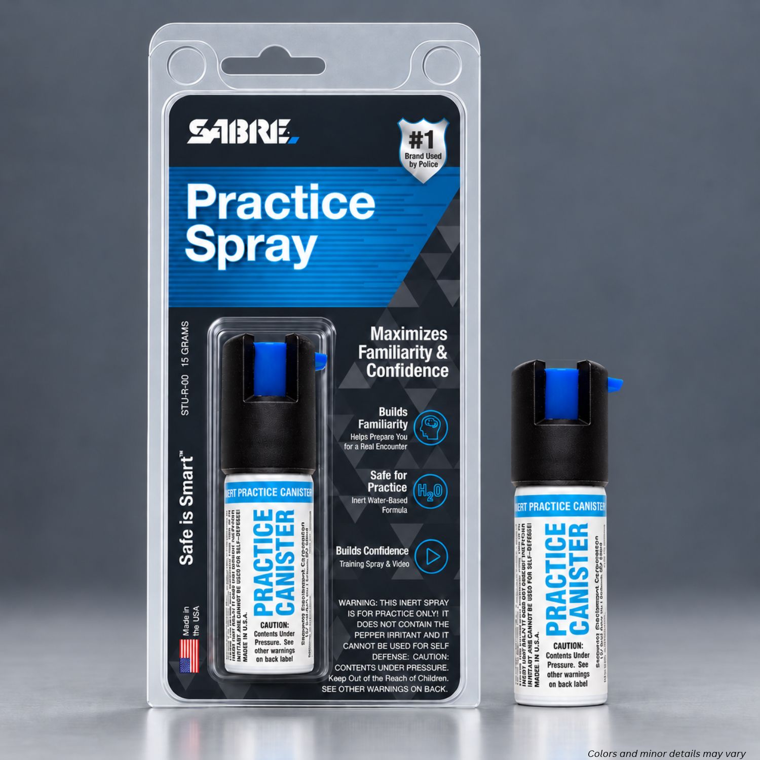 SABRE Practice Spray with Twist Lock STU-R-00 in retail blister pack beside the inert canister