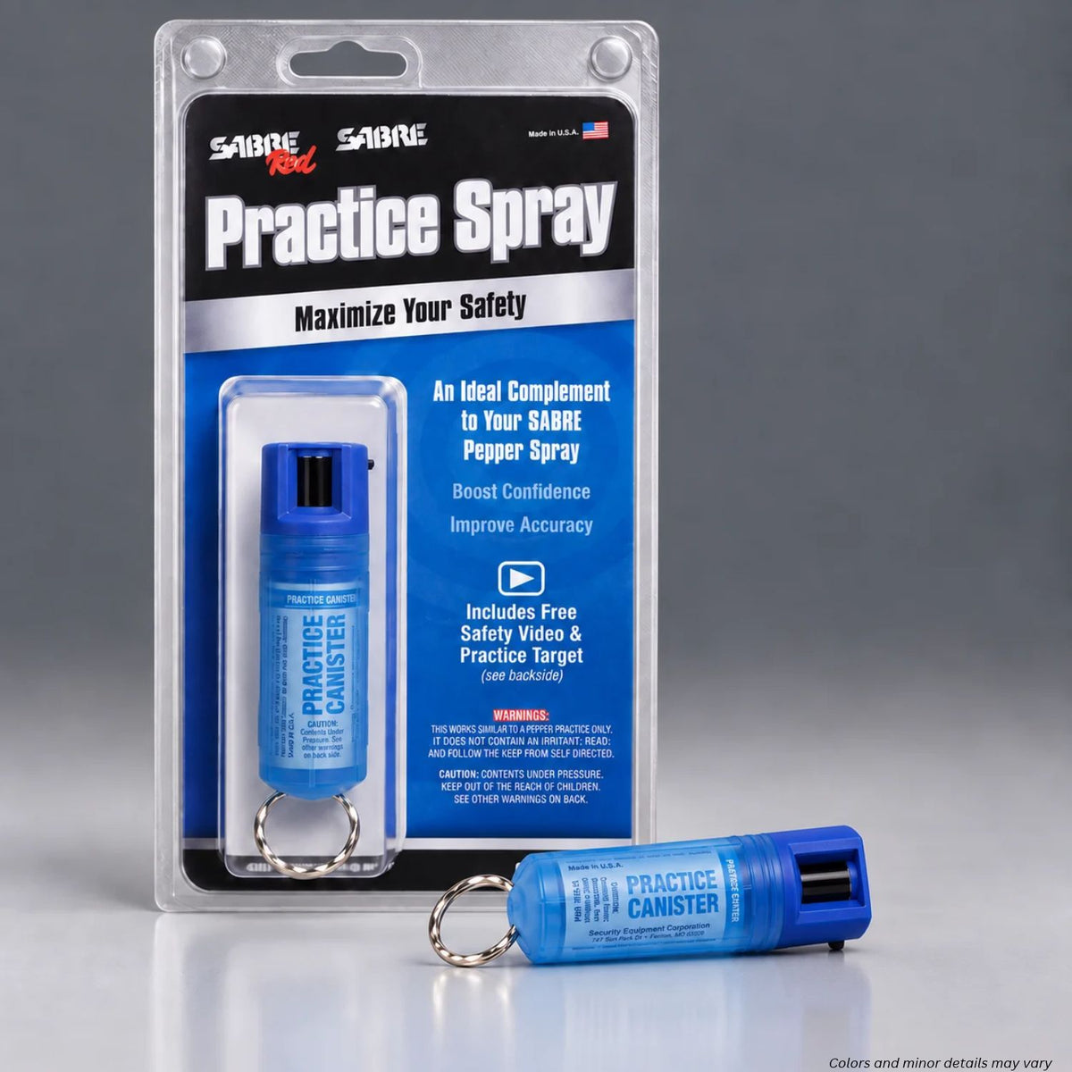 SABRE Practice Spray blister card beside the blue inert key case canister with key ring