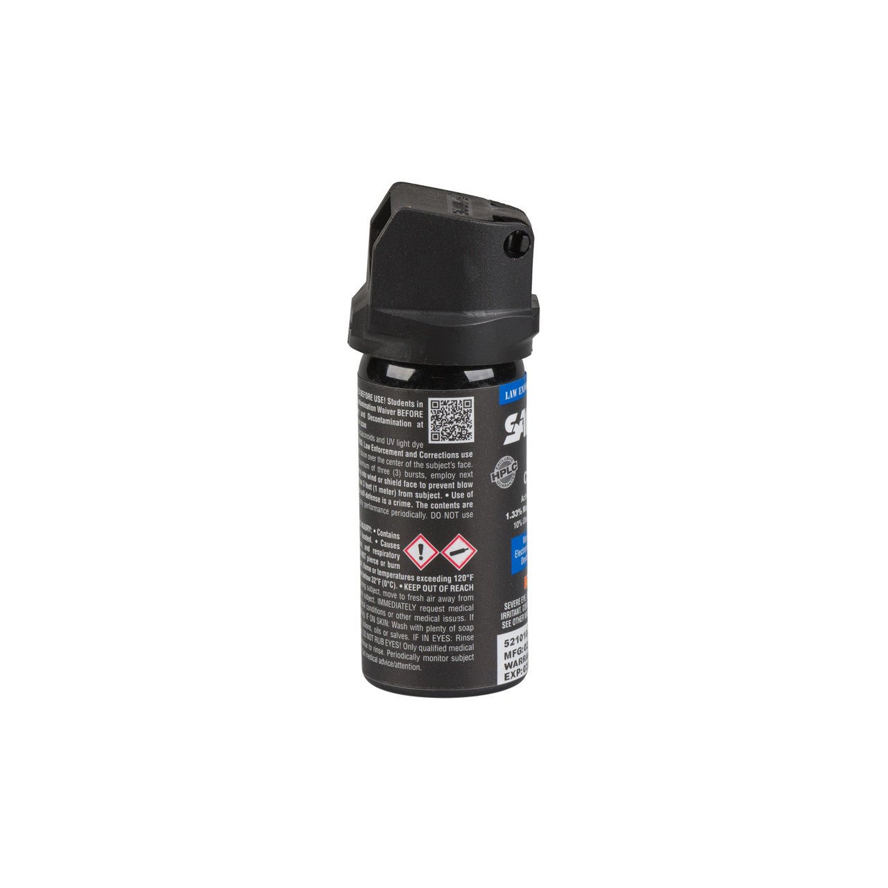 Black pepper spray canister with label on a white background