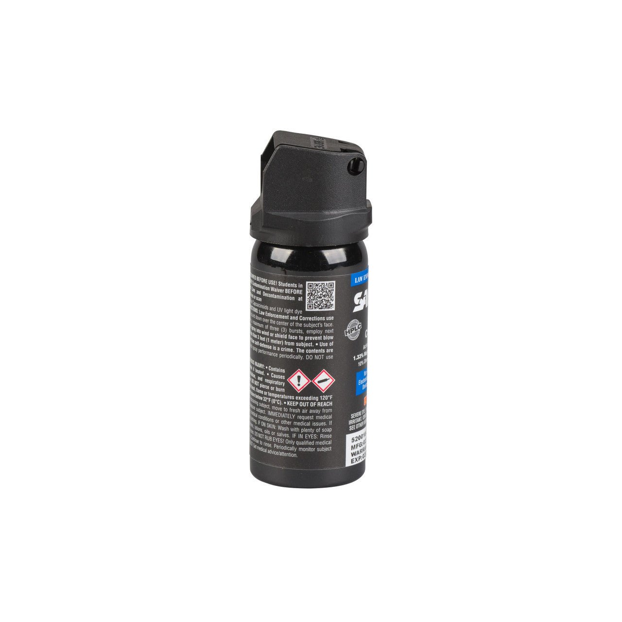 Black pepper spray canister with label on a white background