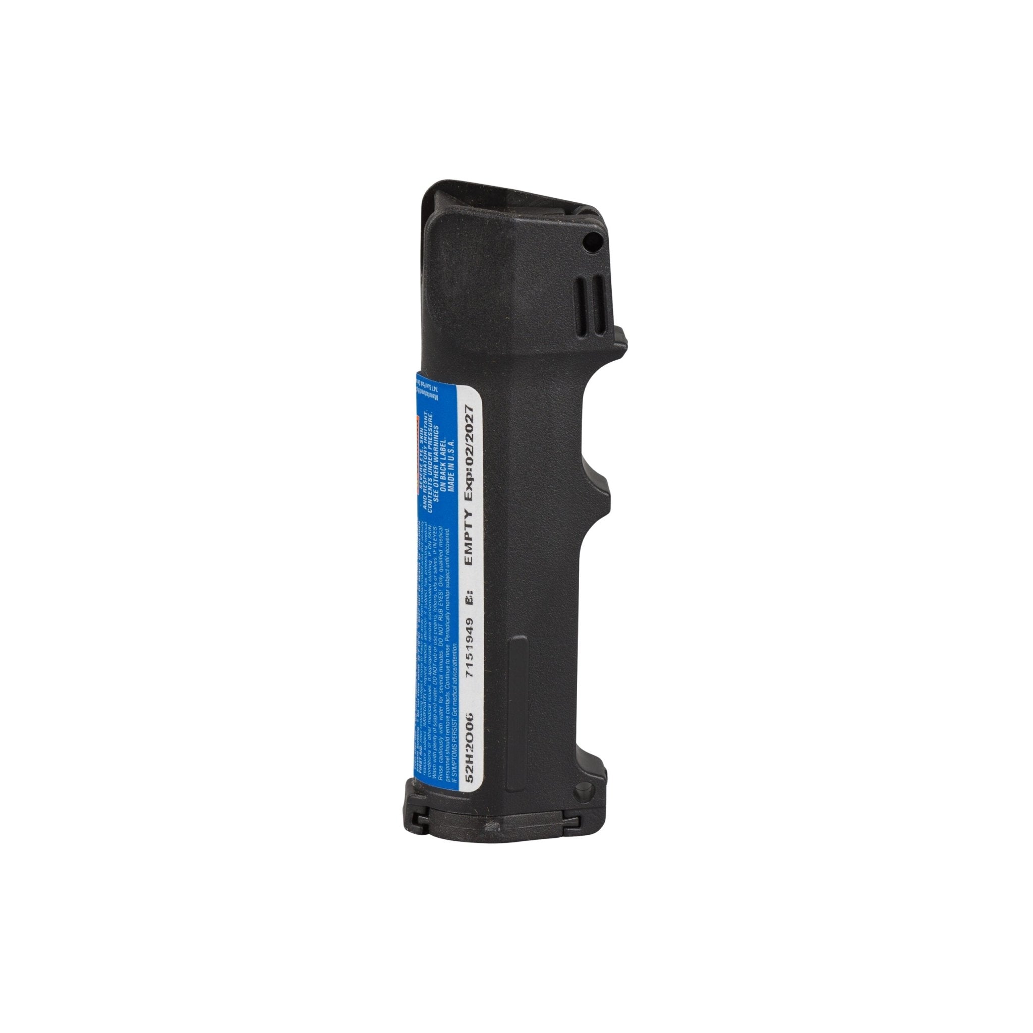 Black pepper spray canister with blue label on a white background