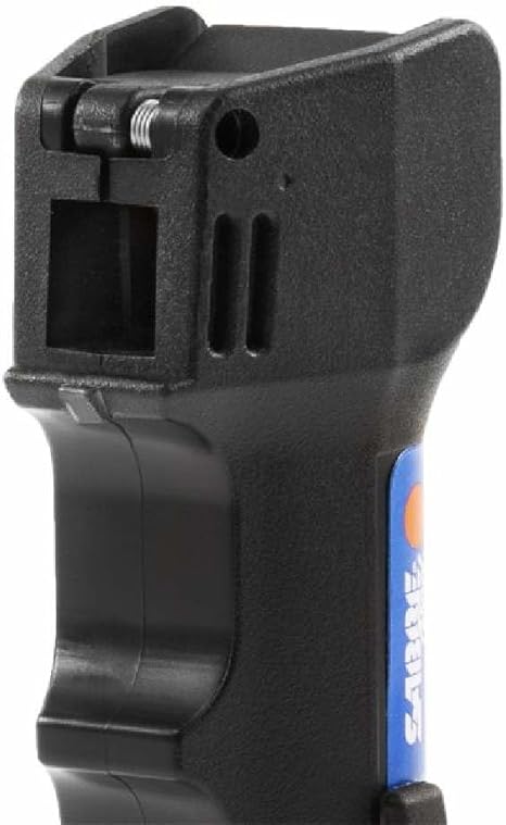 Black pepper spray device with a visible brand logo on a white background