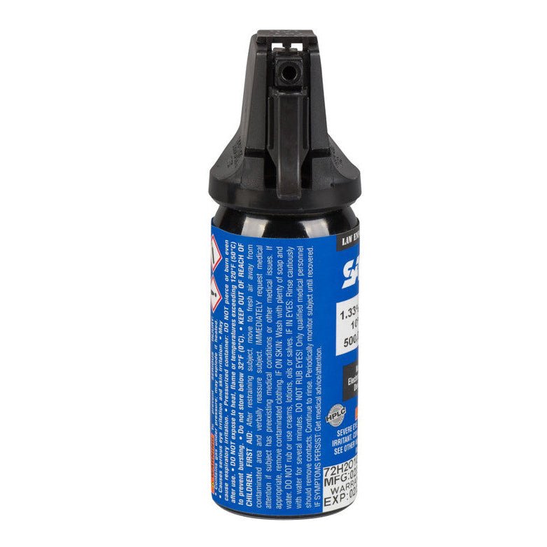 Back of SABRE MK-2 foam pepper spray with first aid and warning instructions
