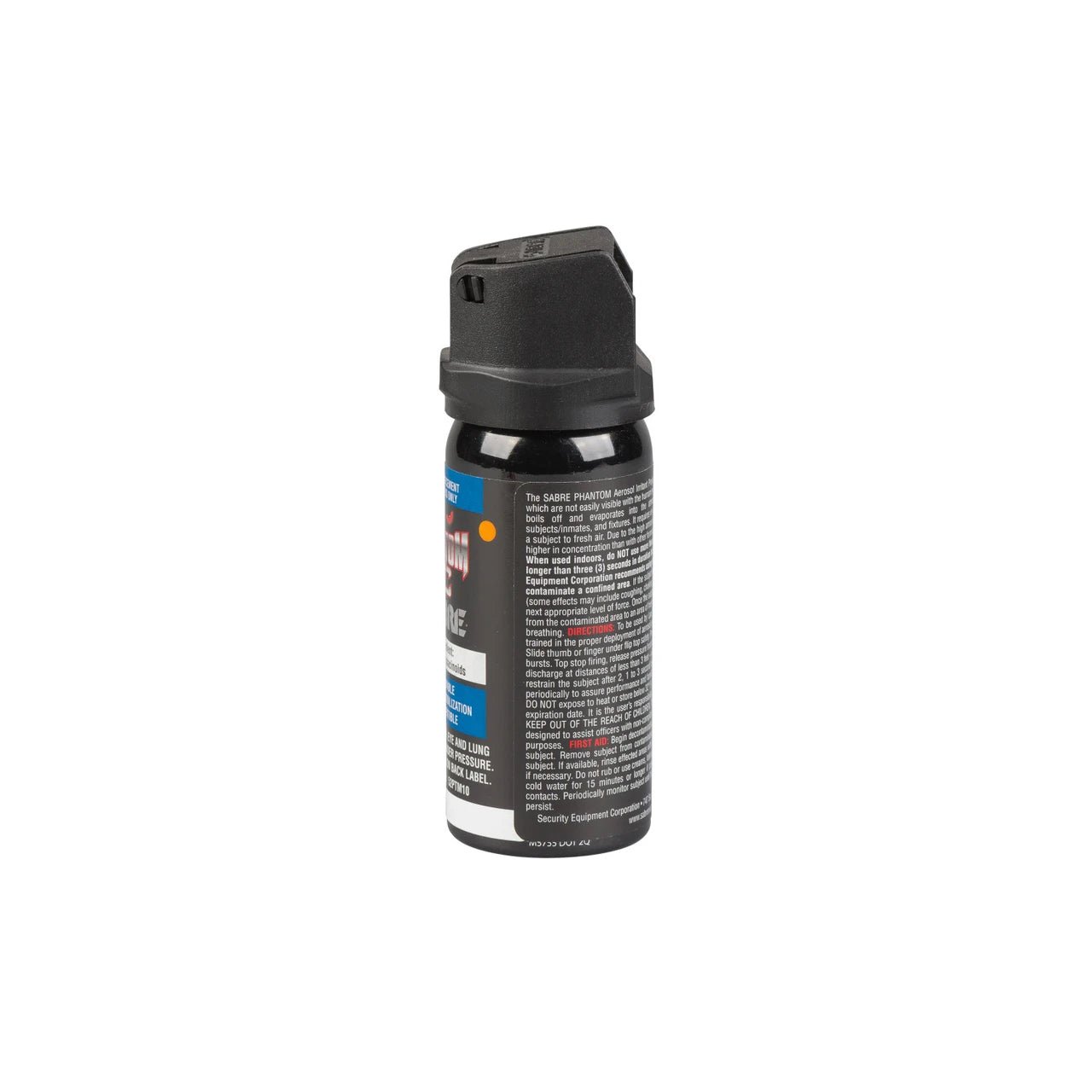 Sabre Red MK-3 Phantom pepper spray, right side angle with flip top safety and first aid label