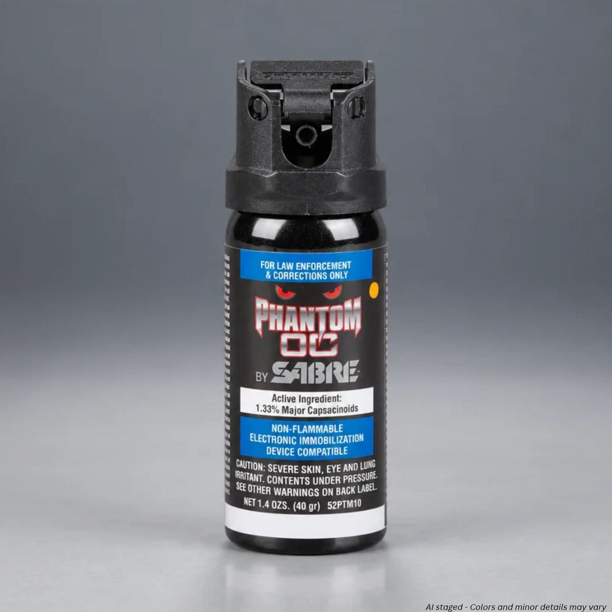 Sabre Red MK-3 Phantom 52PTM10 OC evaporating fog spray, front view of black 1.4 oz canister