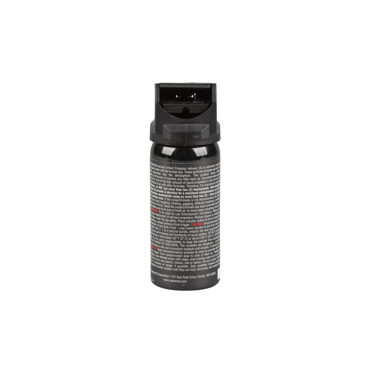 Back label of Sabre Red MK-3 Phantom OC fog canister with directions and cautions