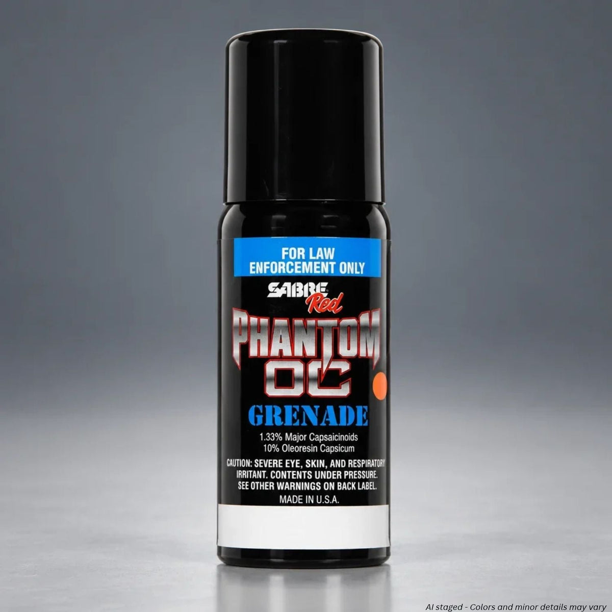 Sabre Red Phantom OC aerosol grenade AG-PTM-10, black 1.6 oz MK-3 canister with law enforcement label