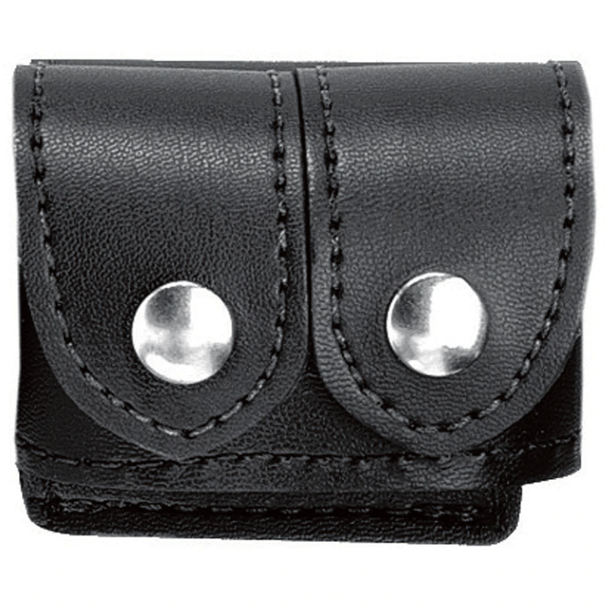 Safariland 340 double speedloader holder in black leather with silver snaps for secure storage on a duty belt.