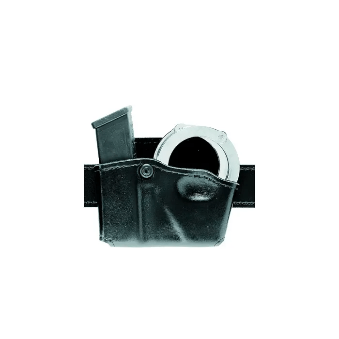 Safariland belt loop accessory featuring a pouch for Glock 17 magazine and handcuffs, ideal for left-handed users.