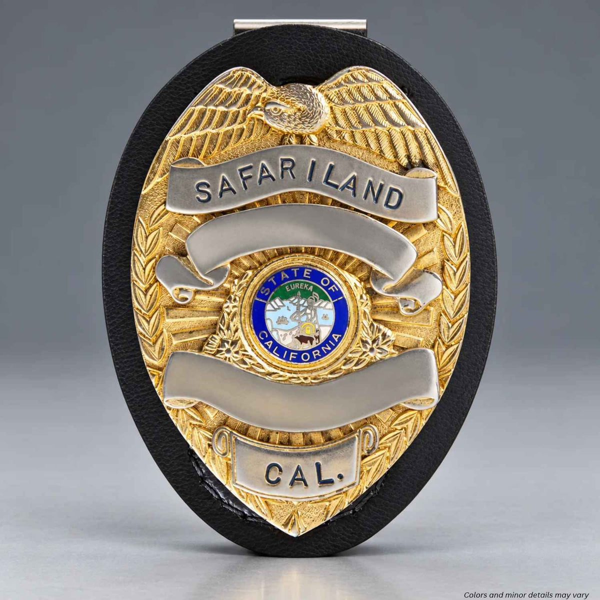 Safariland 7350-03 teardrop clip-on badge holder 1101967 carrying a sample LAPD-style shield badge