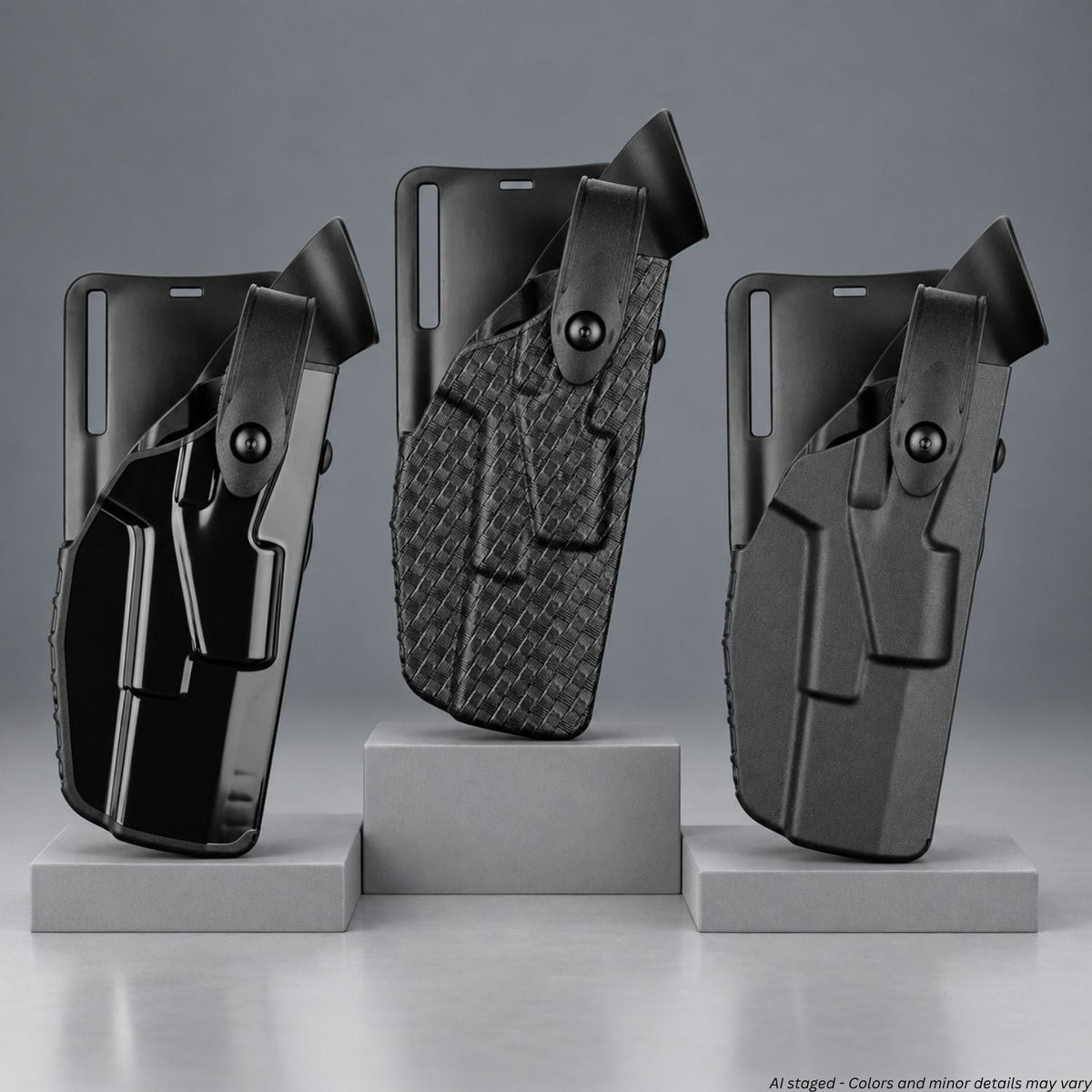 Safariland 7365 7TS Level III Low-Ride Holster for Glock 17/22 in basketweave, plain, and high gloss