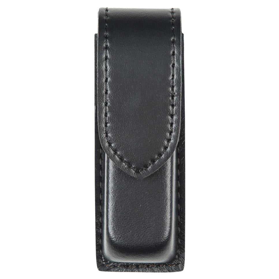 Safariland 76 single magazine pouch in black leather, designed for vertical belt carry and easy magazine access.