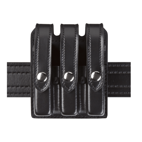 Safariland 777 Slimline Triple Magazine Pouch designed for duty belts, featuring three magazine slots and adjustable tension.