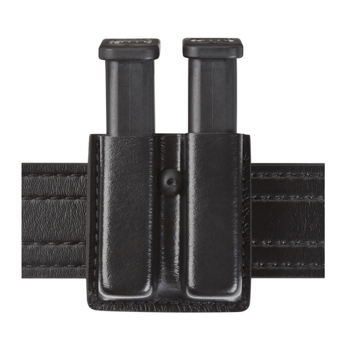 Safariland 79 Slimline Open Top Double Magazine Pouch holding two magazines on a black duty belt, featuring rugged SafariLaminate design.