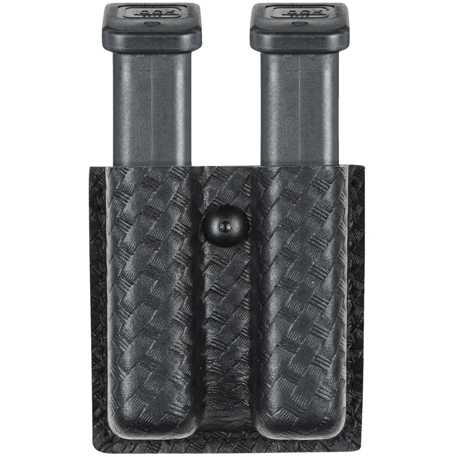 Safariland 79 Slimline Open Top Double Magazine Pouch in black basket weave, Model 79, front view