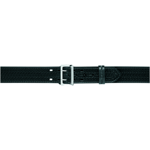 Stitched edge black Sam Browne duty belt with chrome buckle and fastening holes, designed for durability and comfort.