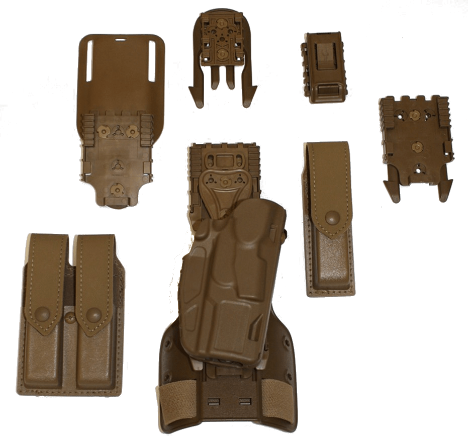 Safariland Air Force Modular Handgun Kit components in Coyote Brown, featuring holsters and attachments for right-hand use.