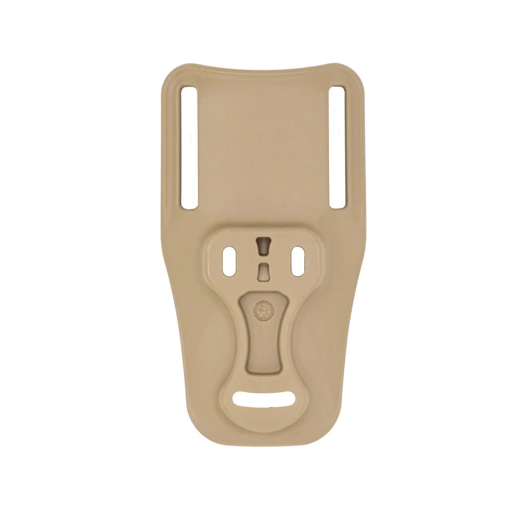 Tan plastic holster accessory on a white background