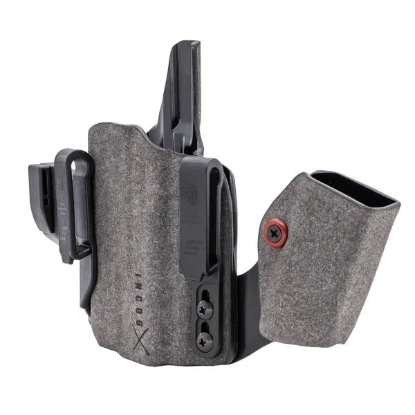 Safariland Incog X gray right-hand IWB holster with adjustable mag caddy and polymer clips, side-angle view