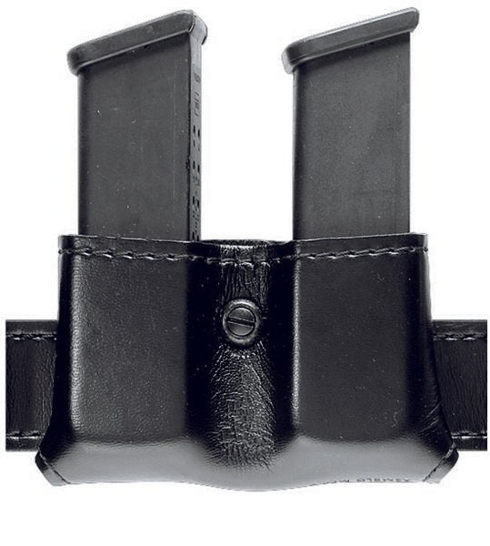 Safariland Model 079 Slimline Open Top Double Magazine Pouch holding two magazines securely in a durable leather design.