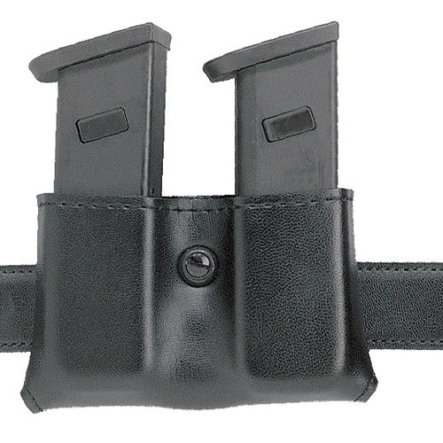 Safariland Model 079 Slimline Open Top Double Magazine Pouch holding two black magazines on a belt. Durable design for easy access.