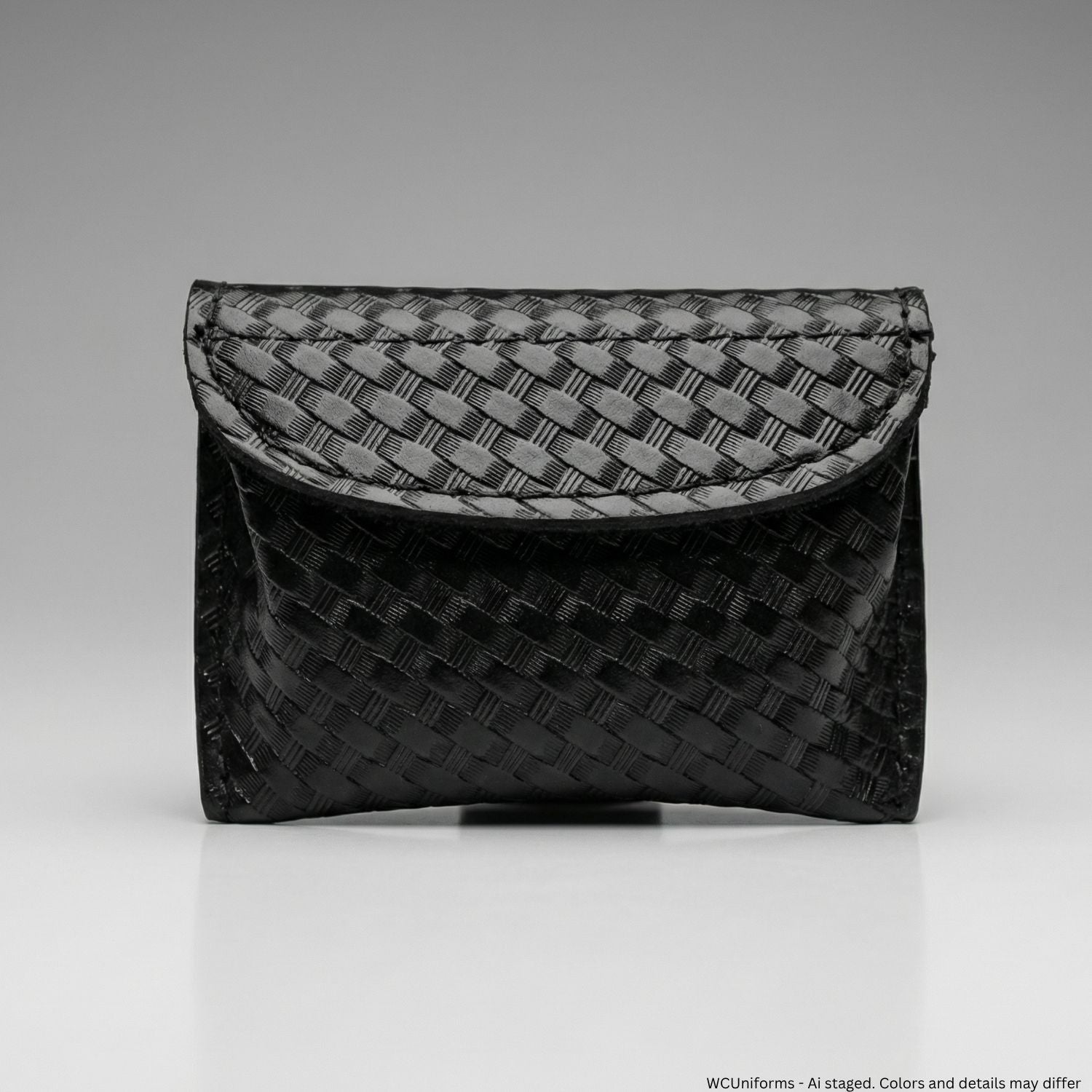 Black woven clutch bag on a gray background