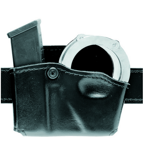 Safariland Model 573 pouch with magazine and handcuffs, featuring durable construction and quick on/off paddle design.
