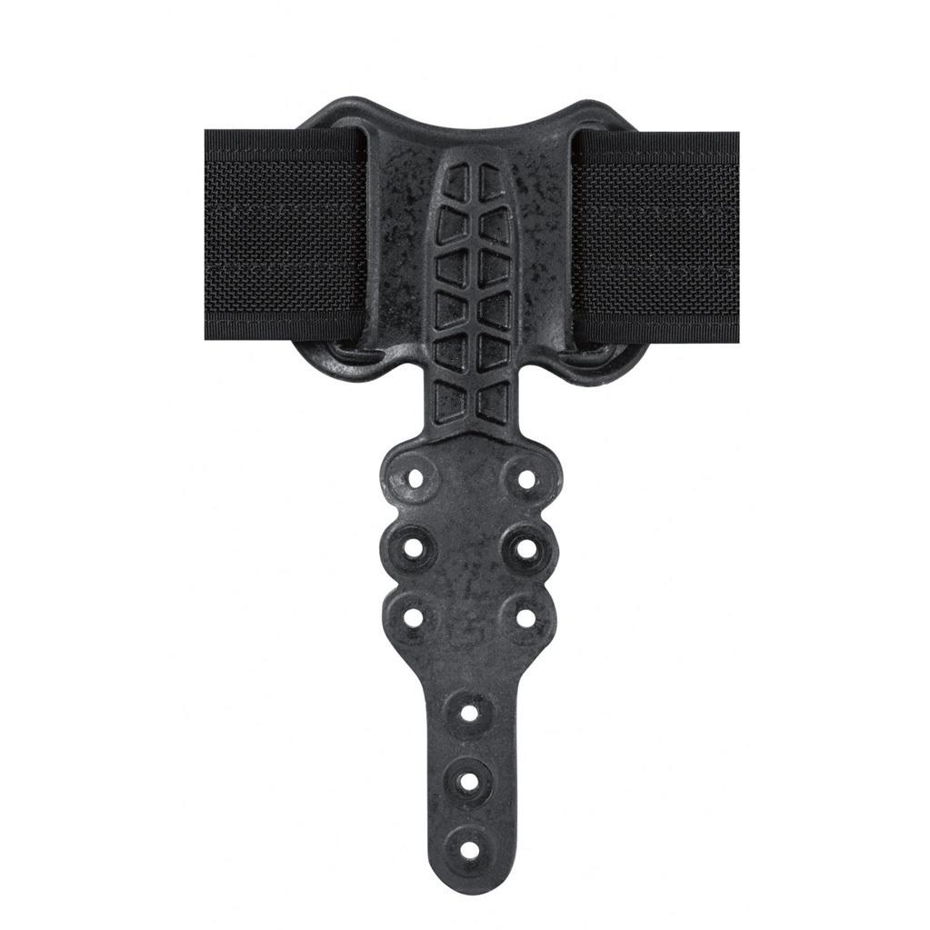 Black belt buckle with textured design on a white background