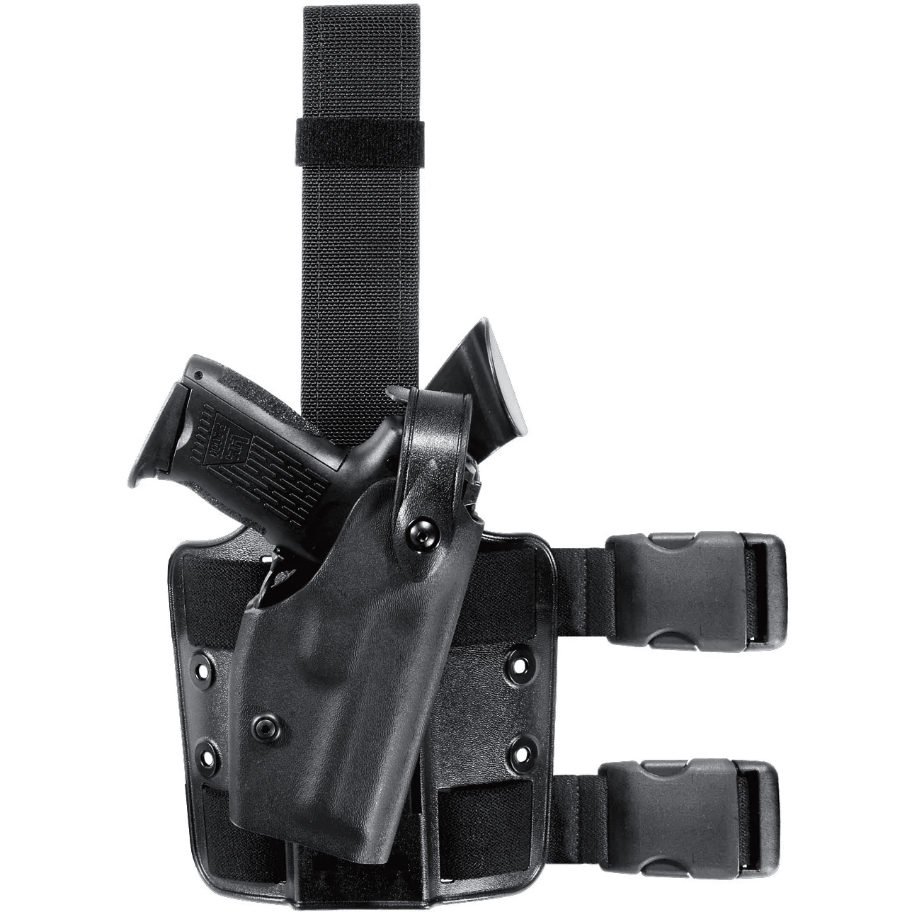 Safariland Model 6004 SLS Tactical Holster for Sig Sauer P220, showcasing SLS rotating hood design for secure firearm retention.