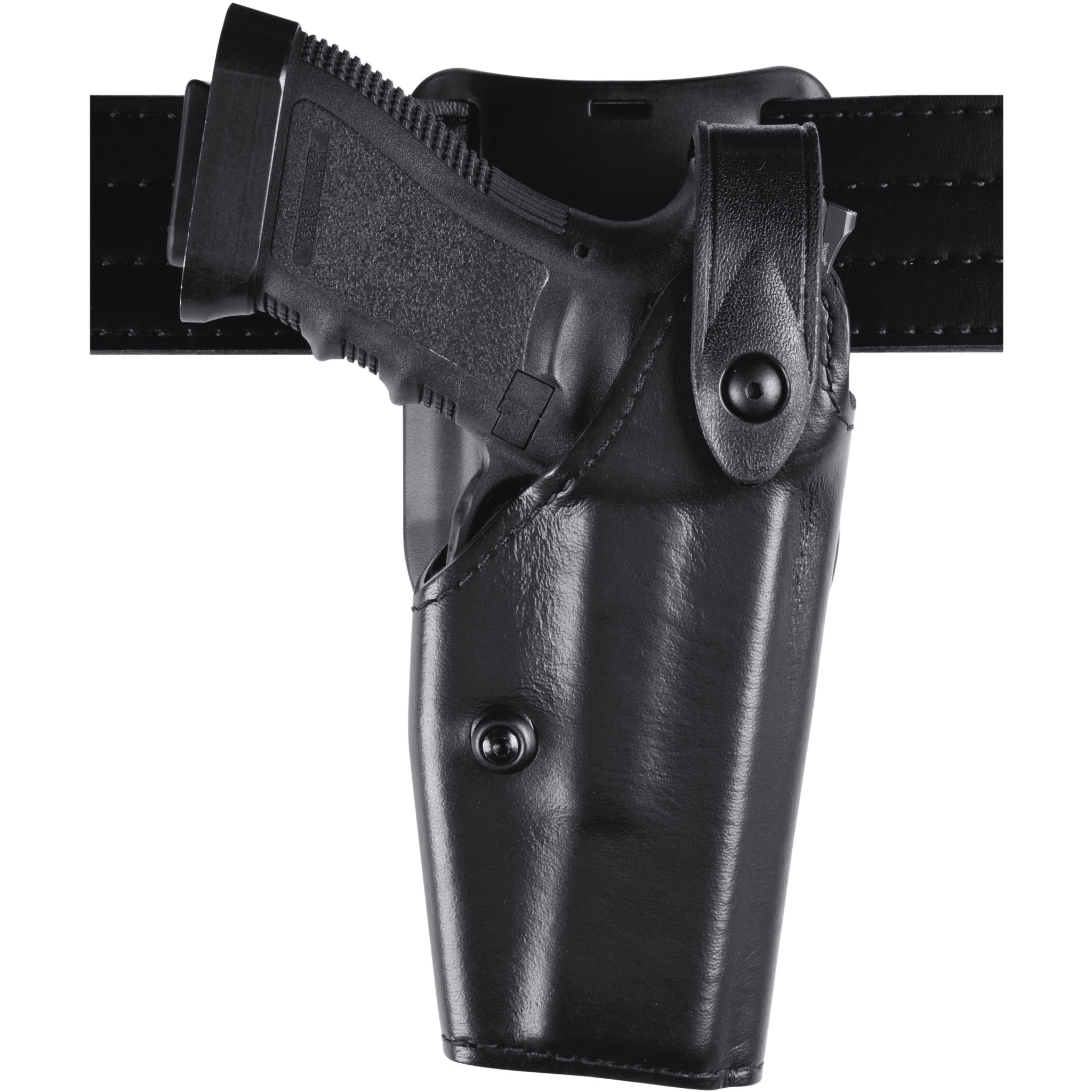 Safariland Model 6285 low-ride duty holster for Smith & Wesson M&P 9 with SureFire Light mounted on a belt.