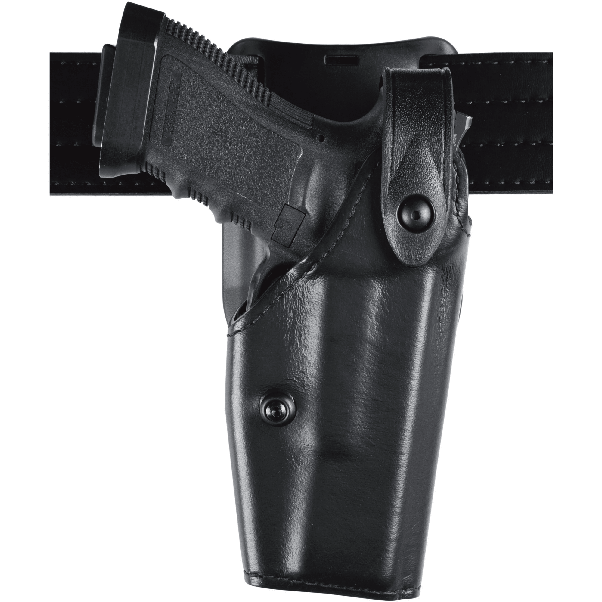 Safariland Model 6285 low-ride duty holster for Smith & Wesson M&P 9 with SureFire Light mounted on a belt.