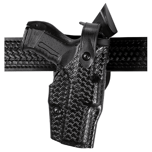 Safariland Model 6360 ALS/SLS duty holster for Glock 19 securely mounted on a textured black belt.