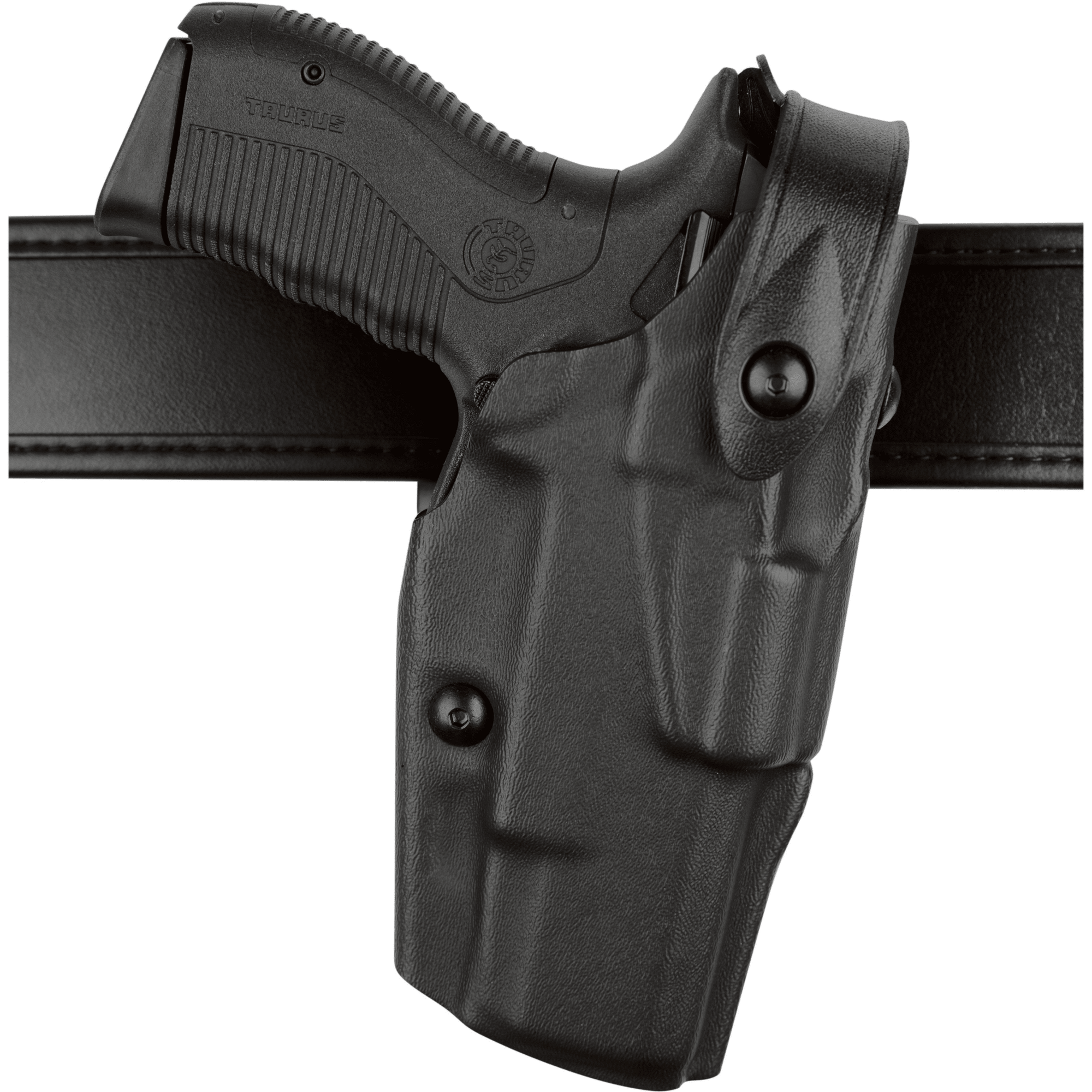 Safariland Model 6360 ALS/SLS Mid-Ride Duty Holster for Glock 22 Gen 5 mounted on a belt, showcasing Level III retention.