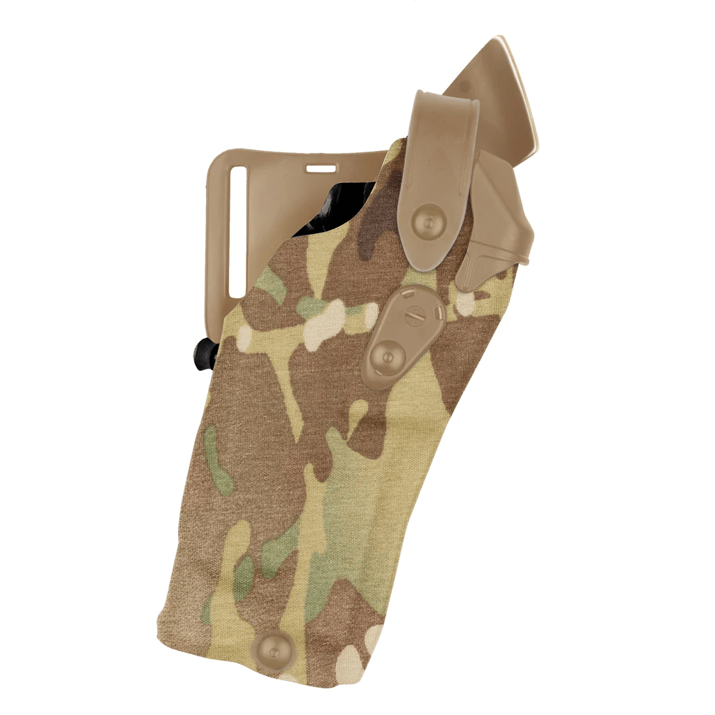 Camouflage holster with brown strap on a white background