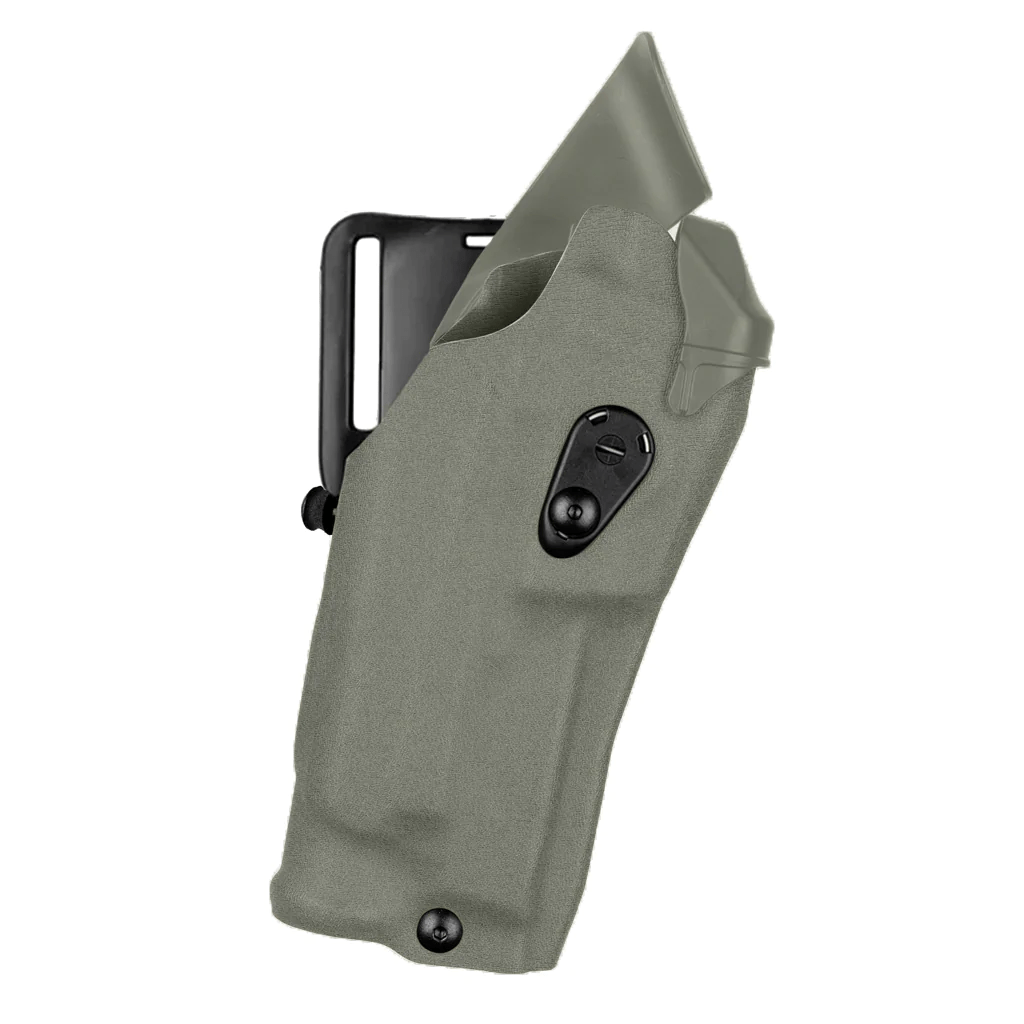 Safariland Model 6390RDS Mid-Ride Duty Holster in green for Glock 19 MOS with red dot sight compatibility.