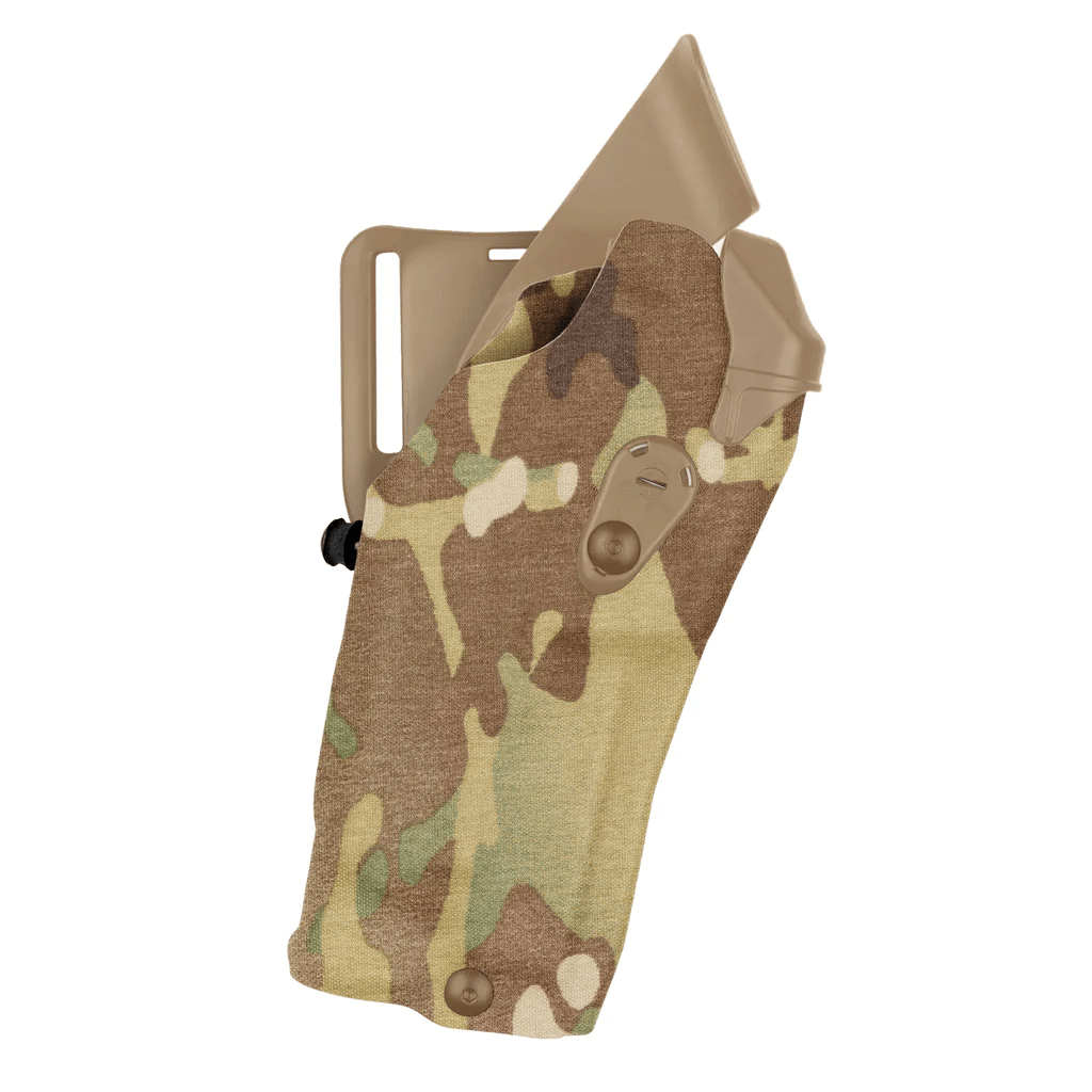 Safariland Model 6390RDS ALS Mid-Ride Holster in camouflage for Sig Sauer P320 RX 9 w/ light, showcasing secure retention design.