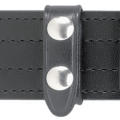 Safariland Model 65 black belt keeper showing two snaps for secure attachment to belts.