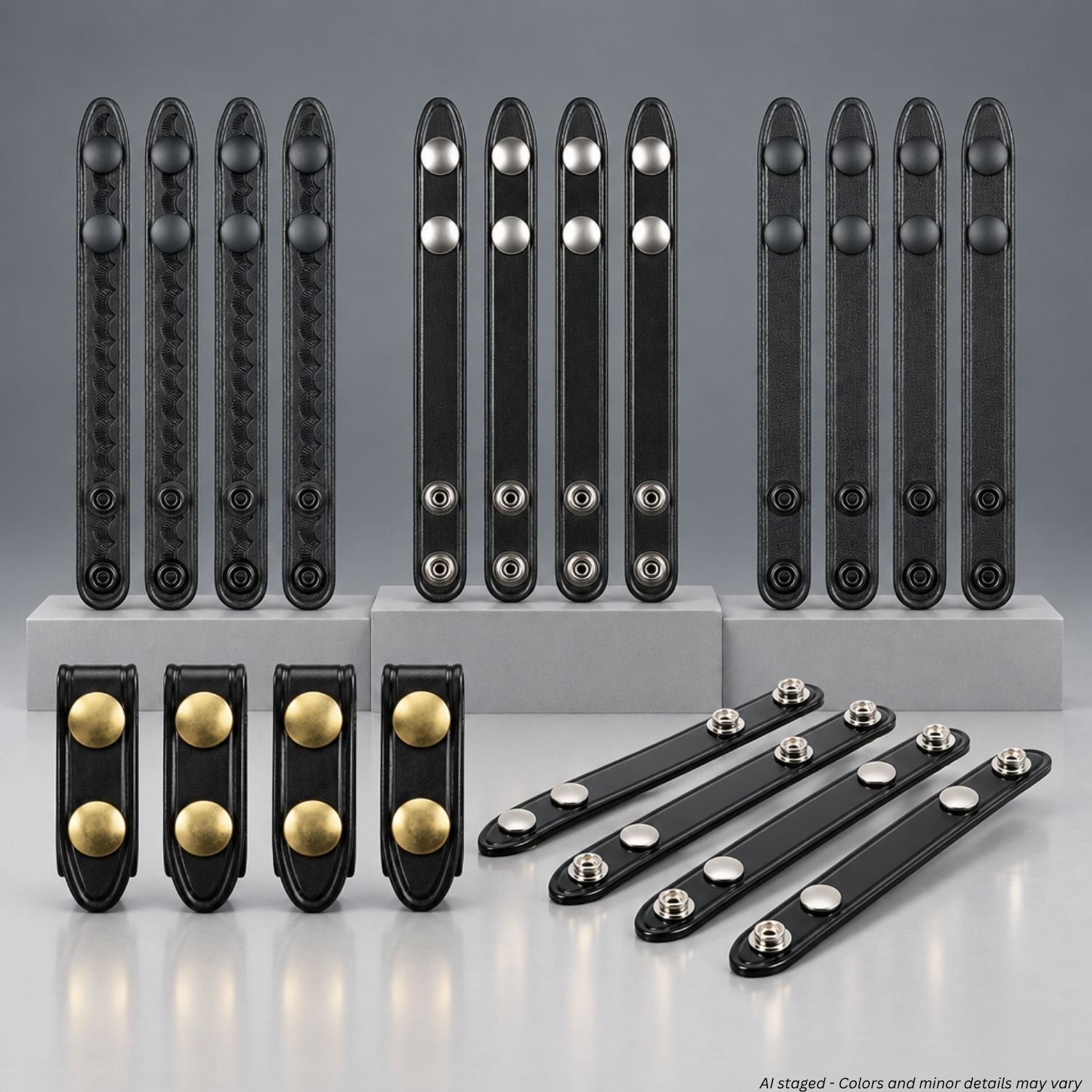 Safariland Model 65 belt keepers in black, multiple finishes with chrome, brass, and black snaps