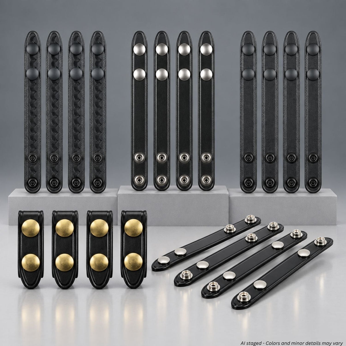 Safariland Model 65 belt keepers in black, multiple finishes with chrome, brass, and black snaps